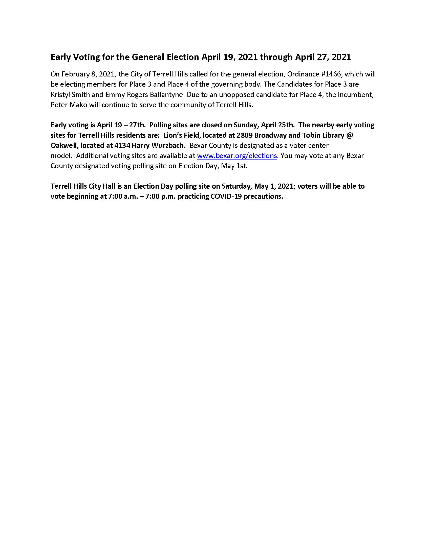 Early Voting for the General Election April 19